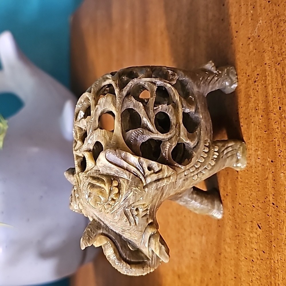Soapstone Elephant with Baby Elephant Inside | Green and Tan in Color - Picture 3 of 4
